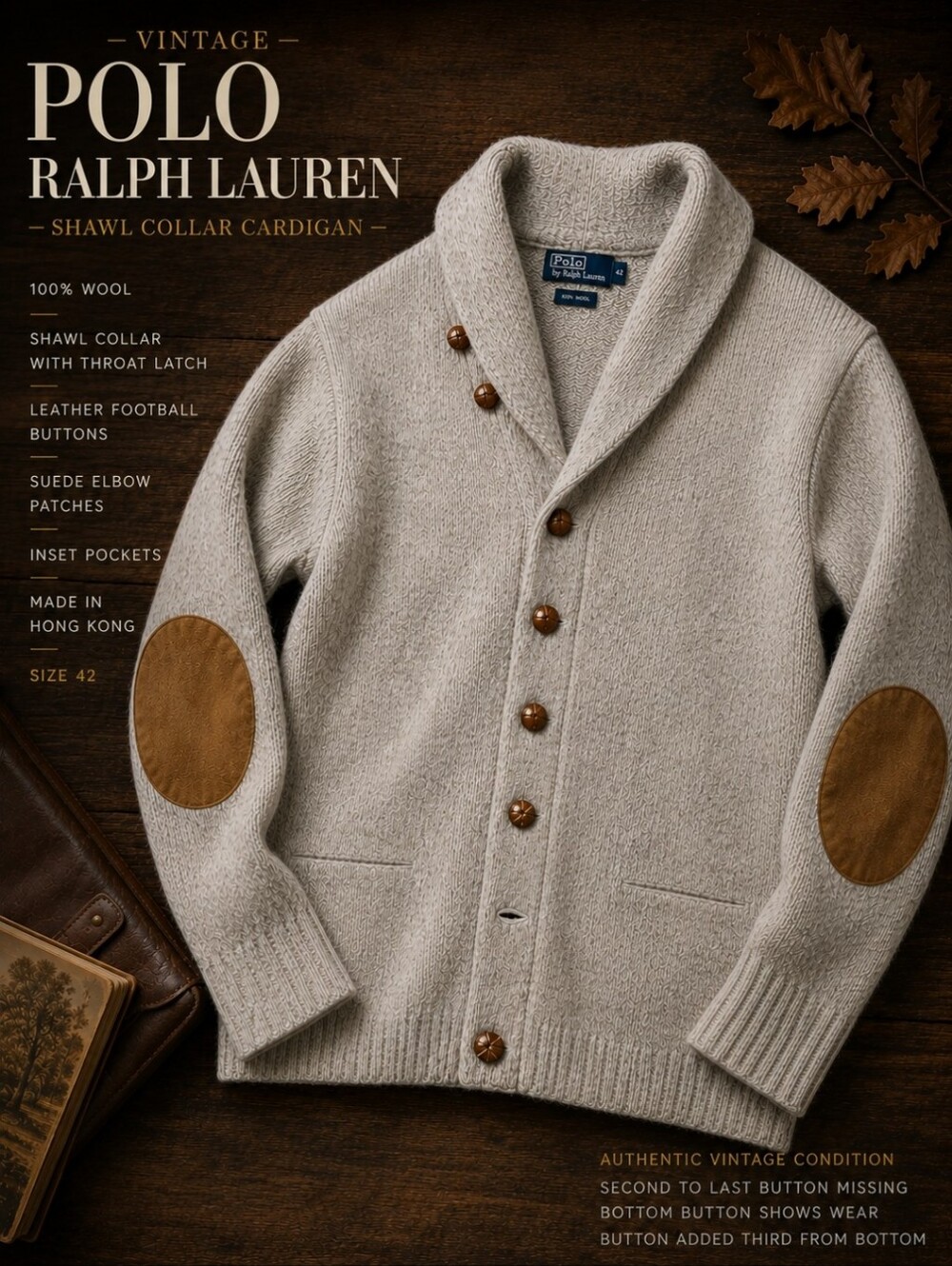 Vintage Polo Ralph Lauren Shawl Collar Wool Cardigan Suede Elbow Patches L - Picture 8 of 16
